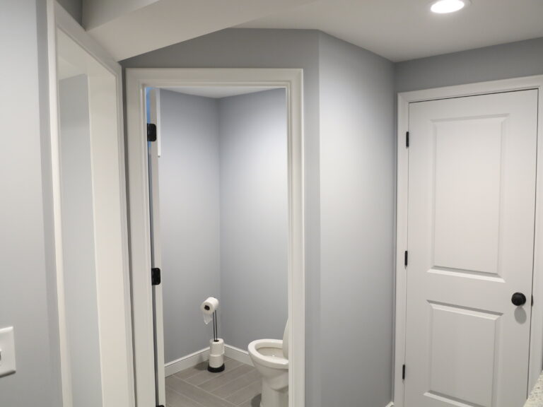 Light gray painted walls and white trim in a modern bathroom and hallway.