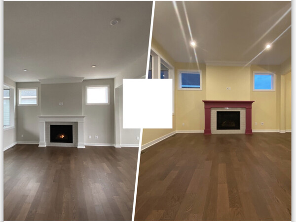 Before and after of a living room painting project with a red fireplace mantel and pale yellow walls.