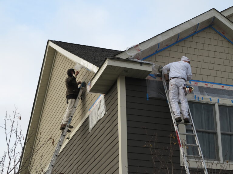 Two painters on ladders doing exterior painting on a two-story residential home's trim and siding in Saint Paul, MN.